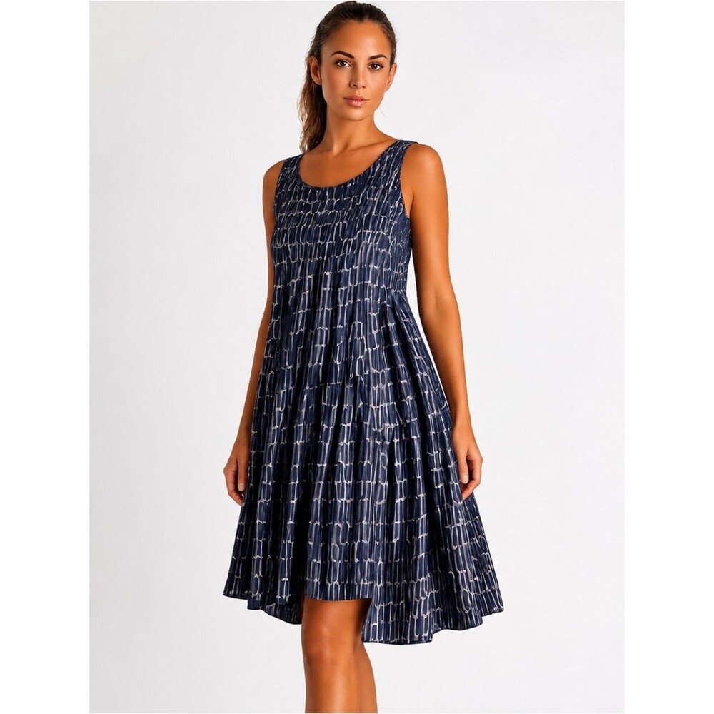 Eva Franco Asymmetrical Tiered Swing Dress | Navy Abstract Print | Size 6